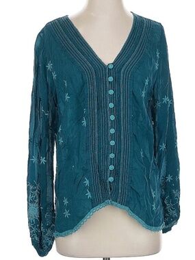 Johnny Was teal button front blouse—Size small